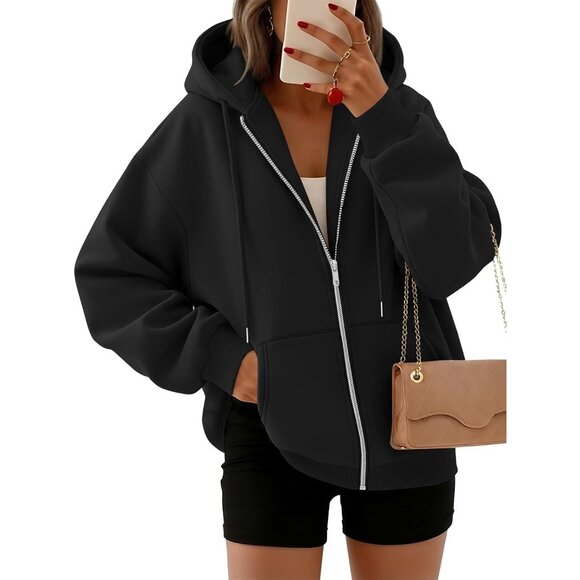 〽️Women's Black Trendy Queen Zip Up Oversized Sweatshirt Casual Fashion Hoodie